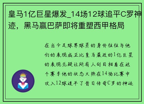 皇马1亿巨星爆发_14场12球追平C罗神迹，黑马赢巴萨即将重塑西甲格局