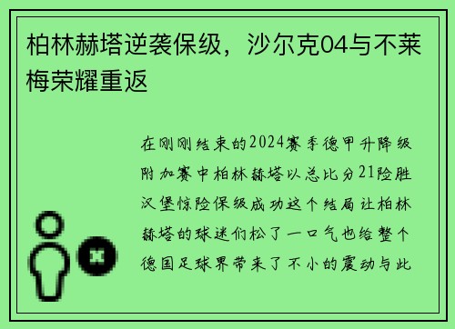 柏林赫塔逆袭保级，沙尔克04与不莱梅荣耀重返